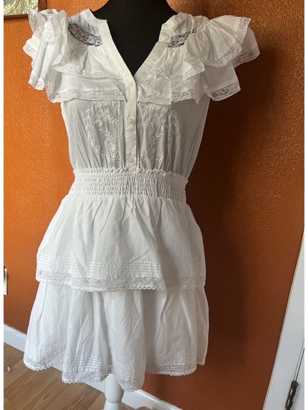 LoveShackFancy White Ruffled Tiered Mini Dress